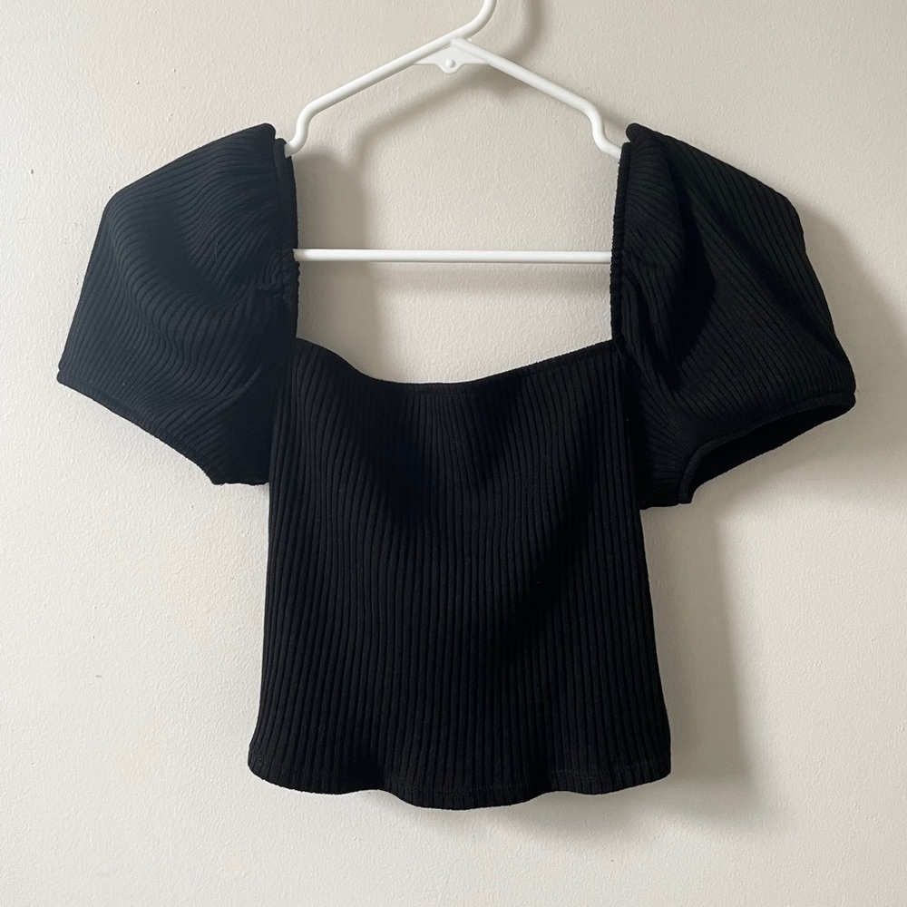 H&M puff sleeve square neck black shirt